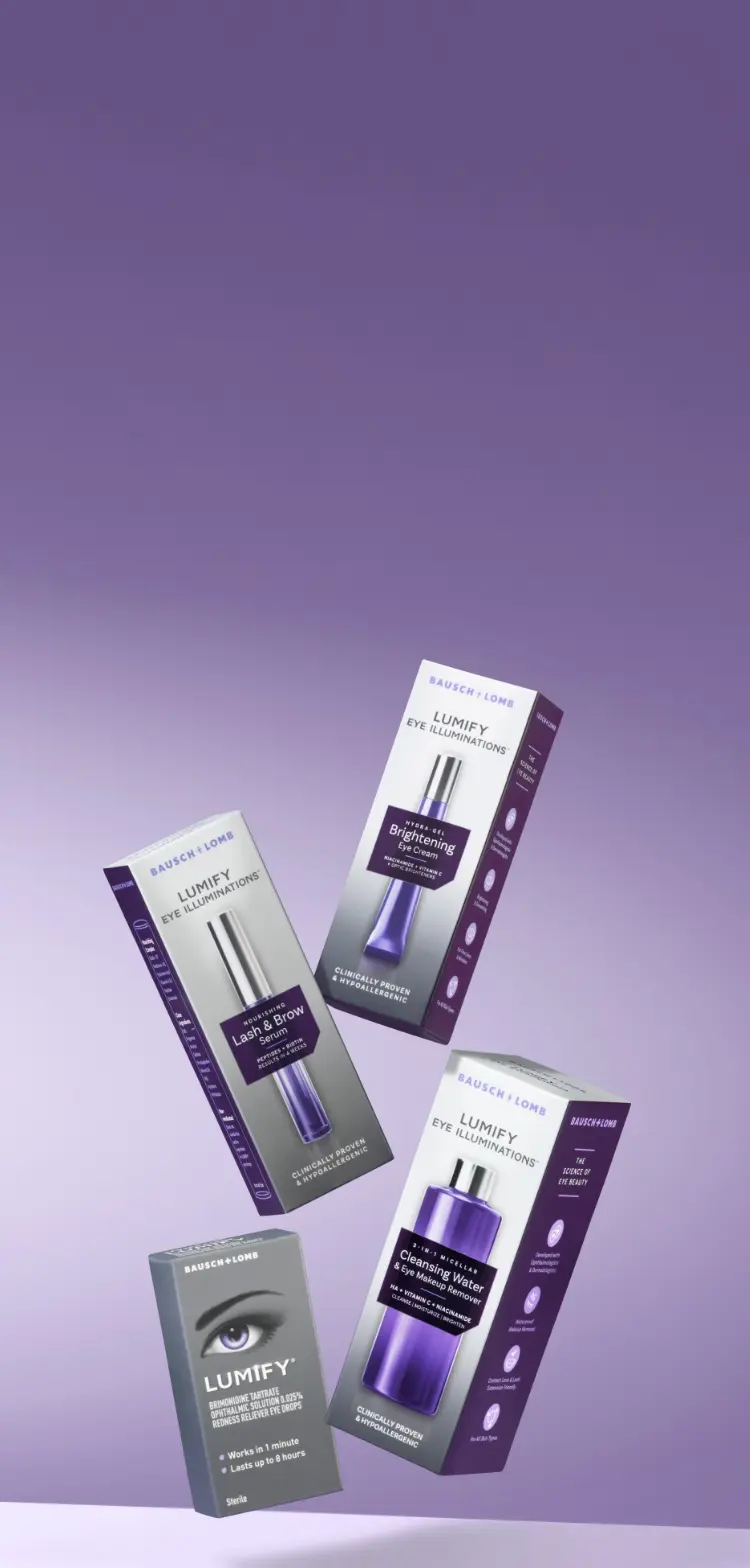 LUMIFY EYE ILLUMINATIONS product line including 3-and-1 Micellar Cleansing Water & Eye Makeup Remover, LUMIFY Redness Reliever Eye Drops, Nourishing Lash & Brow Serum, and Hydra-Gel Brightening Eye Cream.